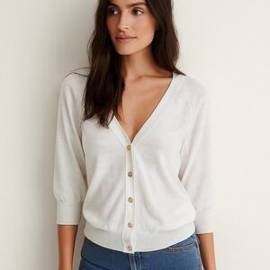 Juicy Couture Cardigan Top Button Down Knit 3/4 Sleeve White‎ Small Y2K Style